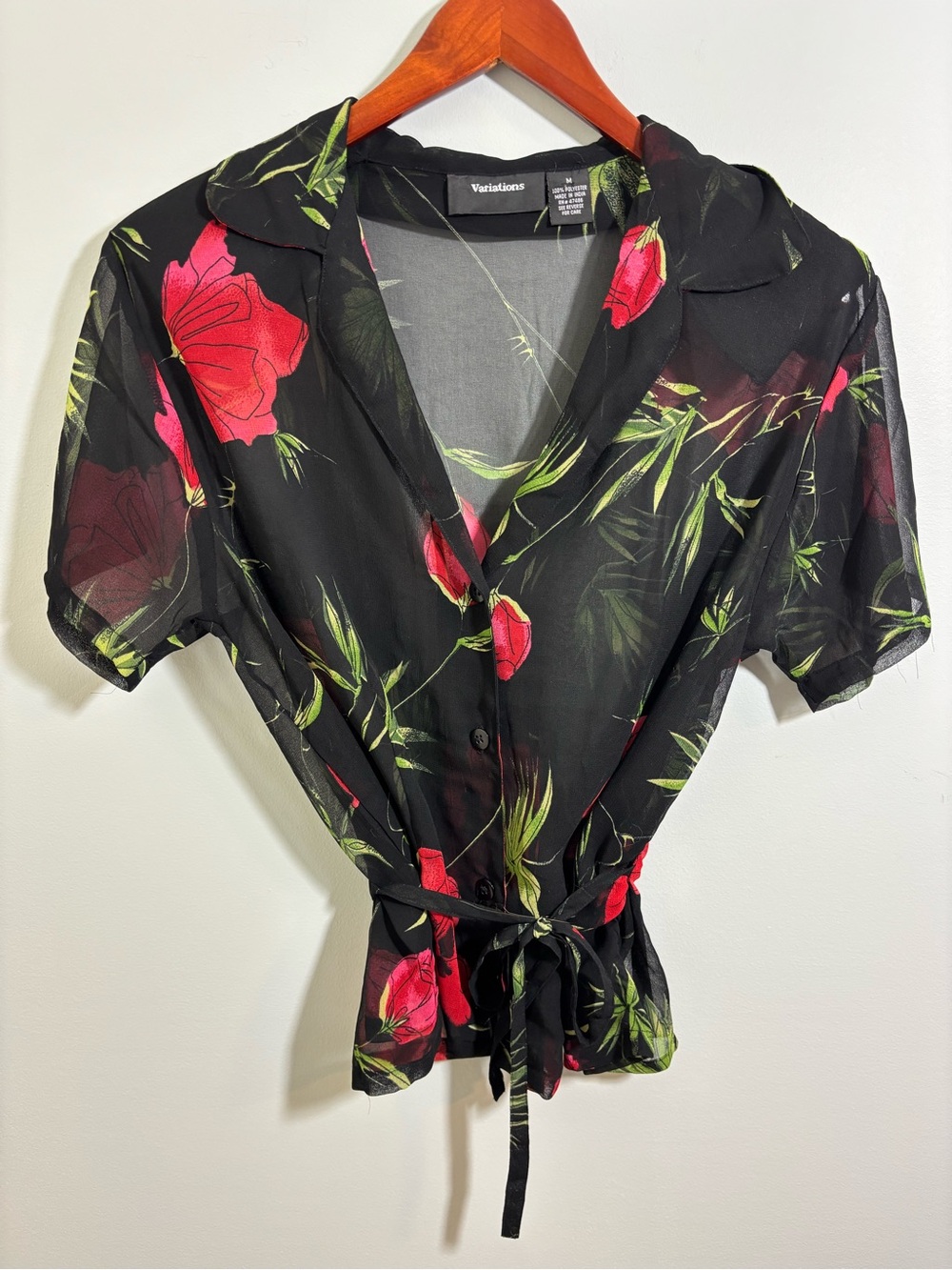 Sheer Black Floral Top Y2K Tie-Waist Vintage Blouse Red Feminine Office Chic M